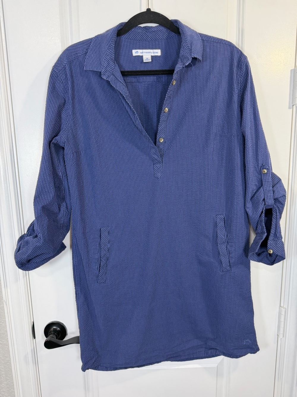 Southern Tide Blue Mini Tunic Dress with Black Pinstripes